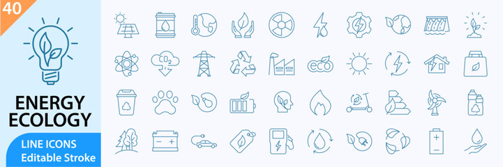 Green energy icon set. Energy Ecology Line Icons. Collection of energy, ecology and green electricity icons. Vector illustration. Editable Stroke.