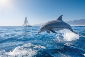 Dolphin jumping near sailboat in blue ocean