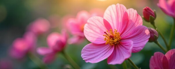 Fototapeta premium Close-up of vibrant, blossoming flowers, petals gently swaying as if breathing in a soft breeze Delicate details and soft light create a tranquil, floral atmosphere , flowers, colorful, light