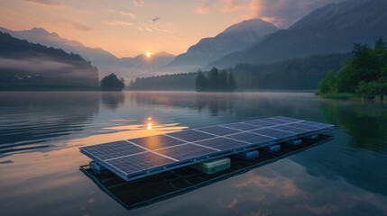 Sunrise reflection on solar panels lake landscape photography serene environment aerial view renewable energy concept