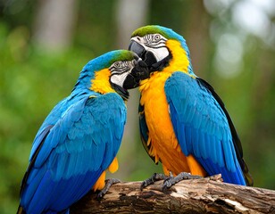 Obraz premium A pair of vibrant blue-and-yellow macaws touching beaks affectionately while perched
