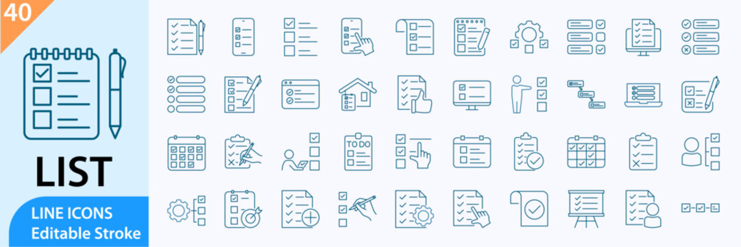 Checklist, to do list icon set, Task Line Icons. Linear icon collection. Editable stroke. Vector illustration