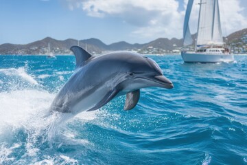 Obraz premium Dolphin jumping out of the ocean near a sailboat