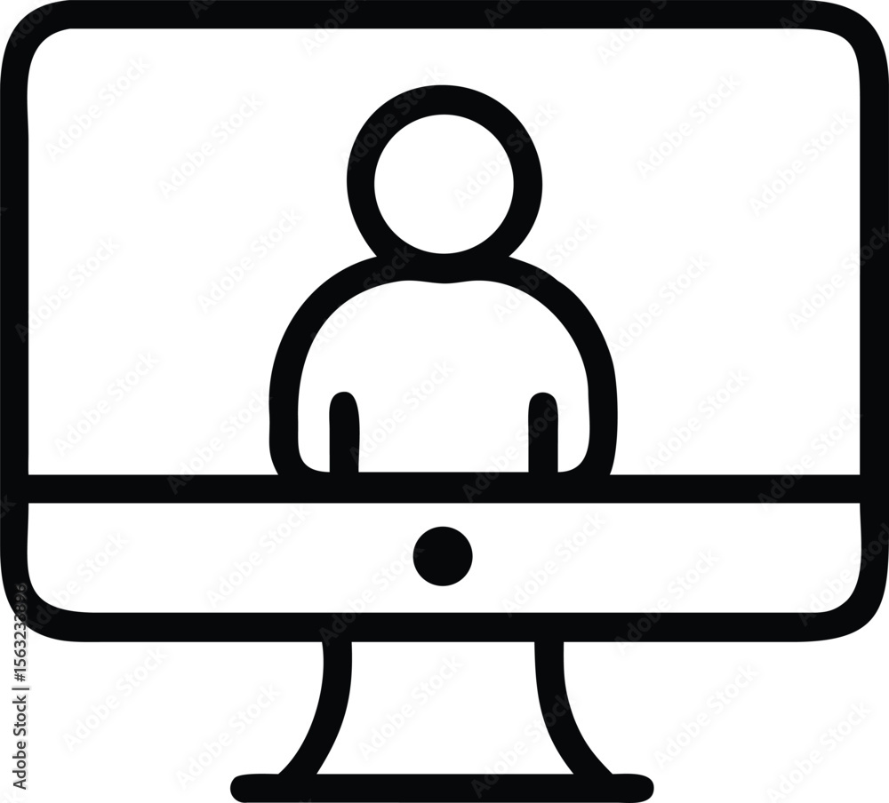 Poster outline style desktop computer with avatar icon used for virtual meeting