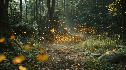 Magical light show of floating particles enchanted forest nature photography lush environment serene viewpoint
