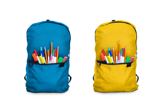 Two blue and yellow children's school backpacks, bags, stuffed with pens and pencils for going back to school to study and learn isolated against a transparent background.