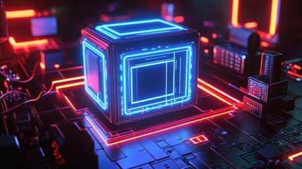 Illuminated cube action digital circuit board 3d render futuristic environment aerial view technology concept
