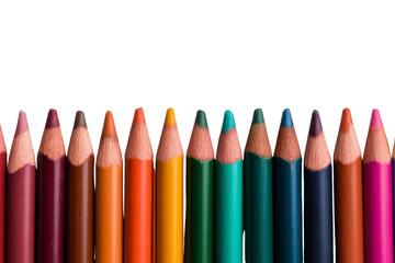 A row of sharpened colored pencils arranged side by side showcasing a vibrant spectrum of colors on a white background.