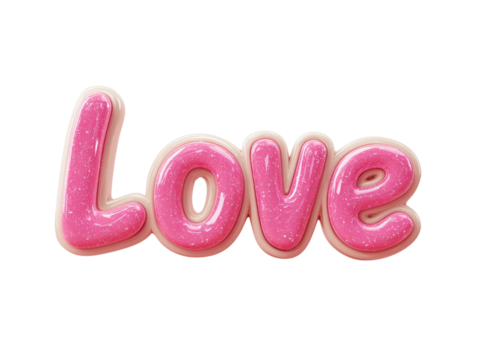 A charming, pink, and glittery 3D "Love" lettering, isolated on a white background