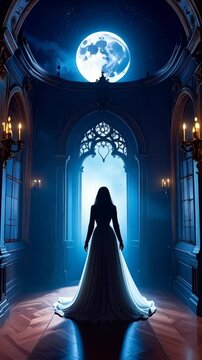 Silhouette of a woman in long dress in Gothic corridor gazing at full moon, arched doorway, moonlight, candle light, fantasy