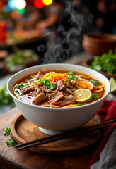 Vietnamese pho with beef, noodles, and fresh greens