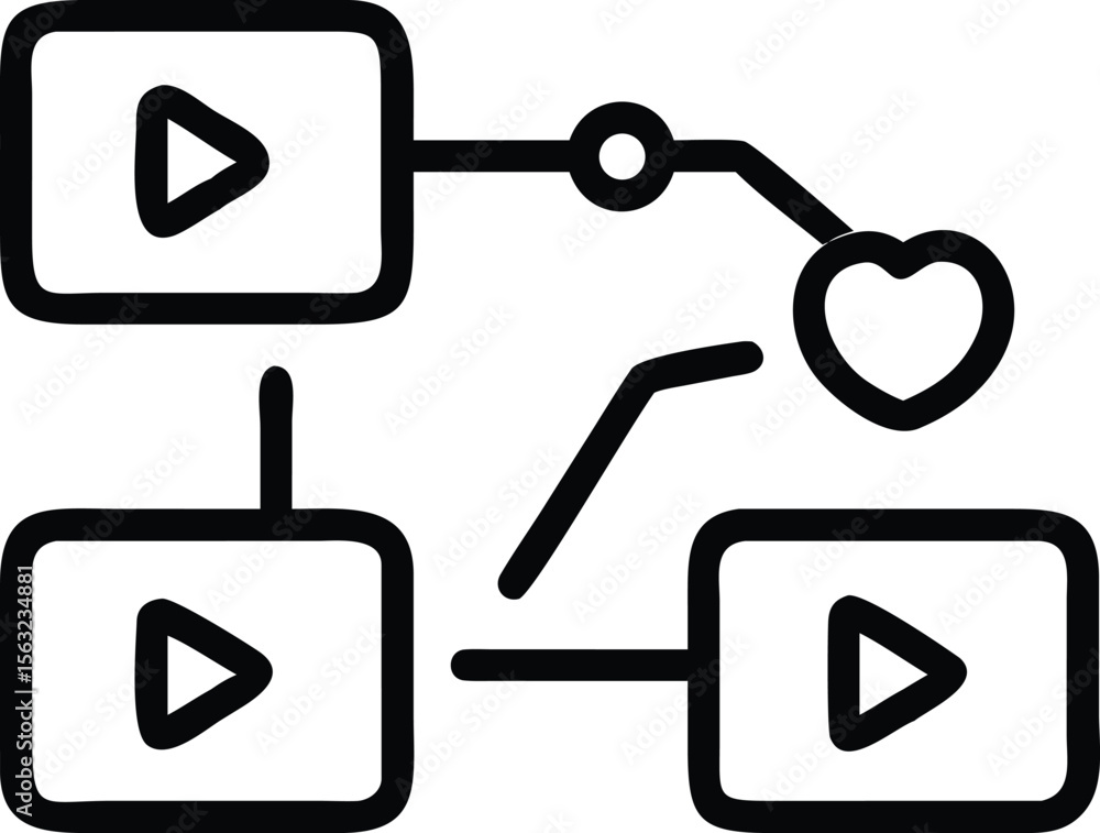 Poster outline video sharing workflow vector, connecting play buttons and a heart in simple style