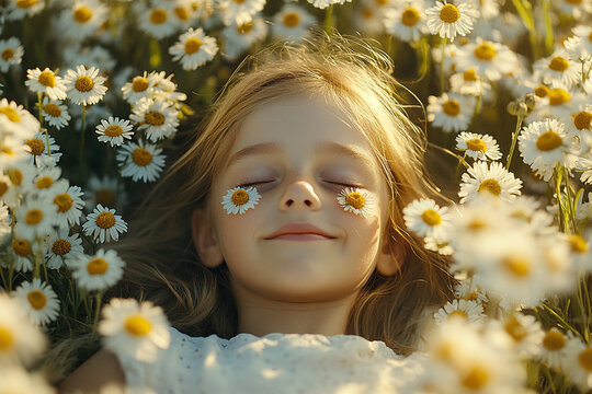 Little blonde girl in a chamomile field. The girl is resting in the bosom of nature.