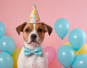 Creative animal concept. cute dog puppy in party cone hat necklace bowtie outfit isolated on solid pastel background advertisement, copy text space. birthday party invite invitation, dog with birthday
