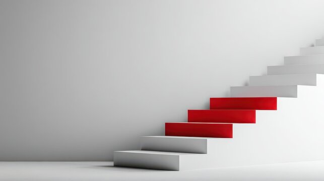Stunning photo of abstract 3D render shows stairs. White steps lead upward. Red step stands out as next step. Modern design emphasizes progress, success. Blank space for product.