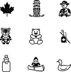 Canadian icon set in 3x3 grid featuring maple leaf, totem pole, Mountie, winter bear, syrup bottle, canoe paddler, duck, and golf bag
