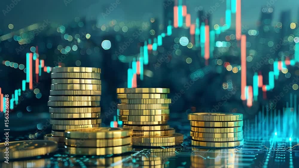 Aufkleber stack of gold coin with financial graph and city bokeh background symbolizing investment growth econ