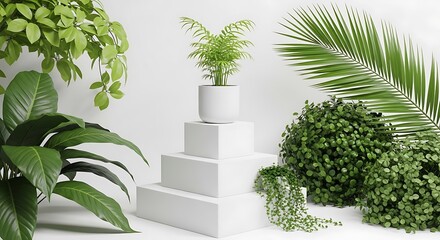 Fototapeta premium Arrangement of lush green houseplants on white geometric pedestals against a bright white background