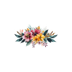  Elegant floral bouquet with assorted colorful flowers and green foliage isolated on white background