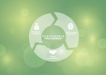 Sustainable procurement infographic template. Green circular diagram with three pillars including economic viability, environmental stewardship and social accountability. Vector illustration