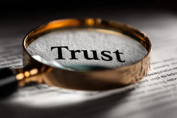 Close-Up of Magnifying Glass Focusing on the Word Trust Highlighting Importance of Reliability
