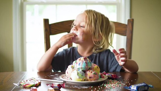  a small child is eating a lot of sugar and ice cream at the dining table