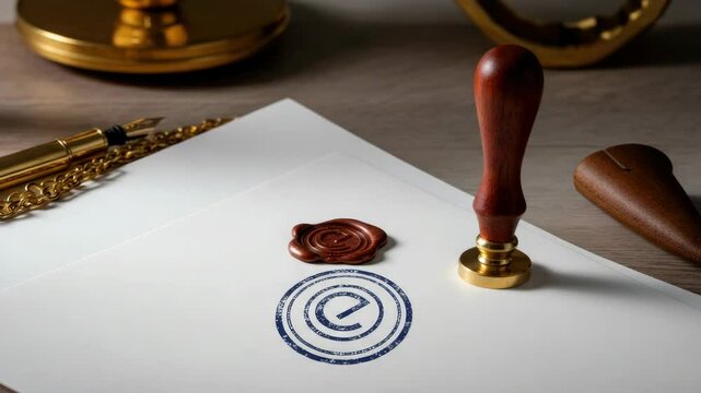 Wax seal and stamp on paper beside pen, symbolizing copyright