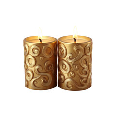  Two golden candles one with a swirling flame effect isolated on white background