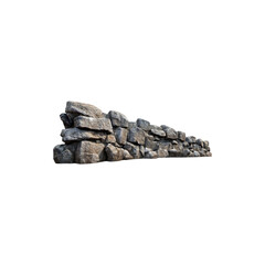 Textured wall made of stacked black stones with natural pattern isolated on white background