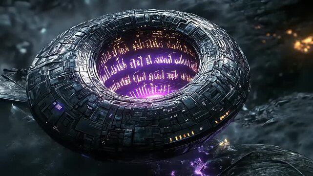Futuristic spacecraft hovering over a rocky alien landscape, emitting vibrant energy patterns in the background