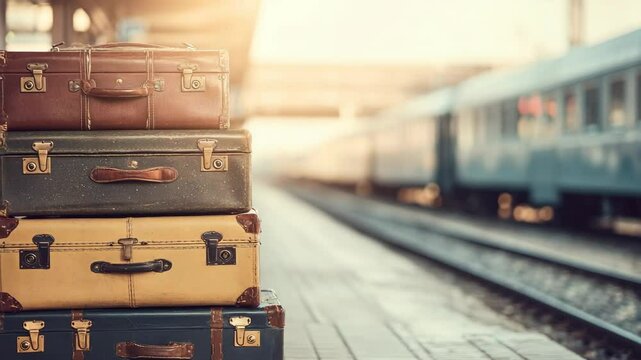 Vintage suitcases stacked at a train station