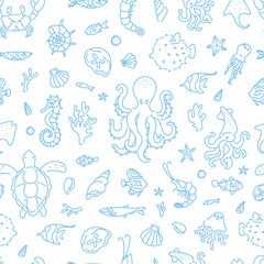 Seamless pattern with hand drawn marine animals including octopus, turtle, seahorse, jellyfish, squid, and fish on white background.