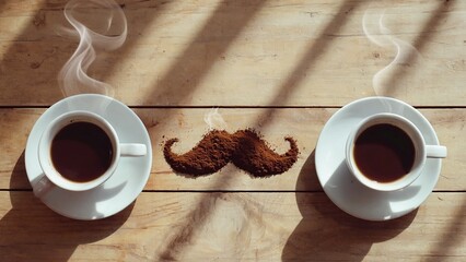 Two cups of coffee with steam on a wooden table. A coffee ground mustache is placed between the cups, creating a playful and inviting scene.