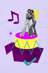 Vertical zine image artwork collage of happy girl guy dance drum music instrument melody note...