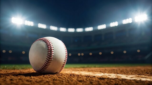 Blurred stadium background with baseball resting on field under bright night lights
 - Powered by Adobe