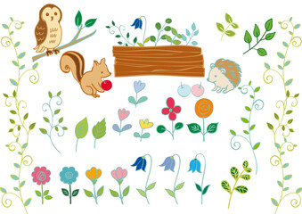 北欧風森の動物と花と植物セット素材カラフル（文字なし） Scandinavian Animals & Botanical Flat Set