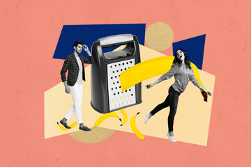 Creative full art collage of happy girl guy stand grater kitchenware prepare cooking ripe banana...