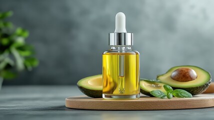 Avocado oil in a glass bottle with a dropper, surrounded by fresh avocado slices on a wooden board.