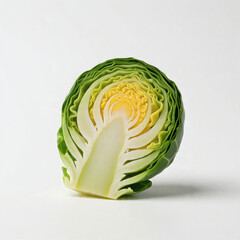 A cross section of a cabbage revealing its concentric layers of green and pale yellow leaves