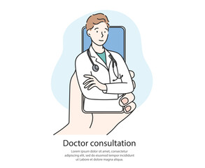 Remote online doctor consultation. Hand drawn in doodle style.