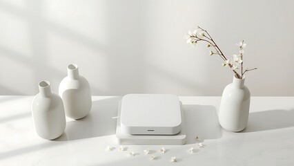 Minimalist white ceramic vases, modern device, delicate blossoms, sunlit scene.