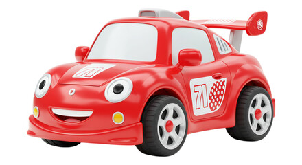 Happy Cartoon Car: A friendly, cheerful cartoon race car, radiating happiness and playful energy, embodies joy with its vibrant red color, smiling face, and race-ready design.