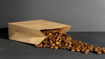 Roasted Coffee Beans Spilling from a Paper Bag A Macro Photography Image