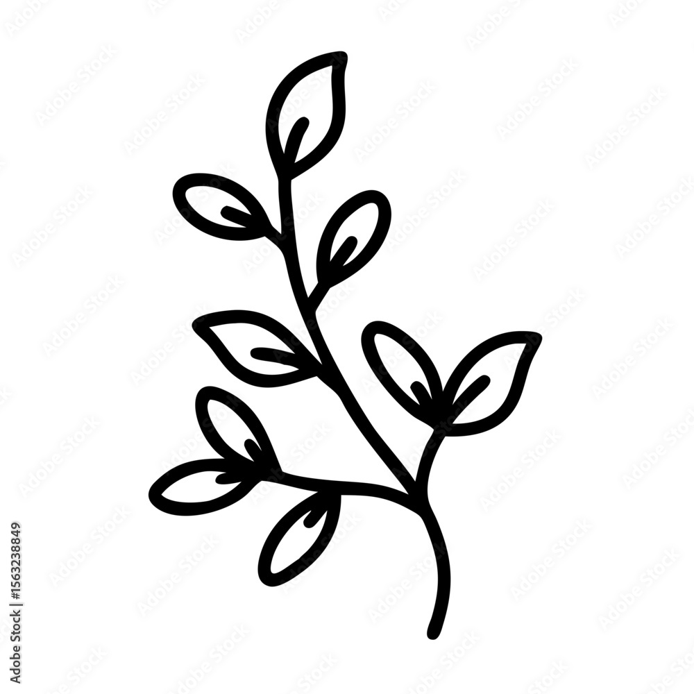 Poster a simple black outline drawing of a leafy branch isolated on white background, creating a minimalist