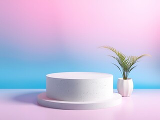 Pastel pink and blue background; minimalist white podium; tropical plant in pot.