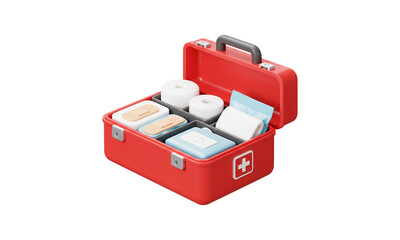 Red First-Aid Kit: A well-stocked red first-aid kit, open to reveal its contents, including bandages, antiseptic wipes, gauze, and other essential medical supplies.