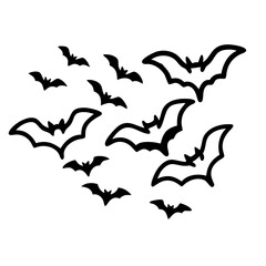 Naklejka premium A group of black bat silhouettes fly in a swarm, isolated on white background, evoking a spooky halloween theme