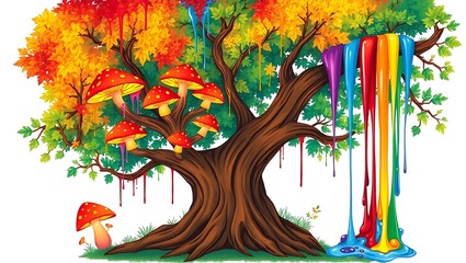 Vibrant Rainbow Tree with Autumn Leaves and Mushrooms Fantasy Illustration