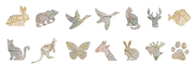 Animal cutouts with vintage map textures for collage, scrapbook, and retro travel themes