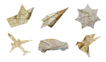 Retro map cutouts shape of vehicles and travel for retro collage and scrapbook journal planner